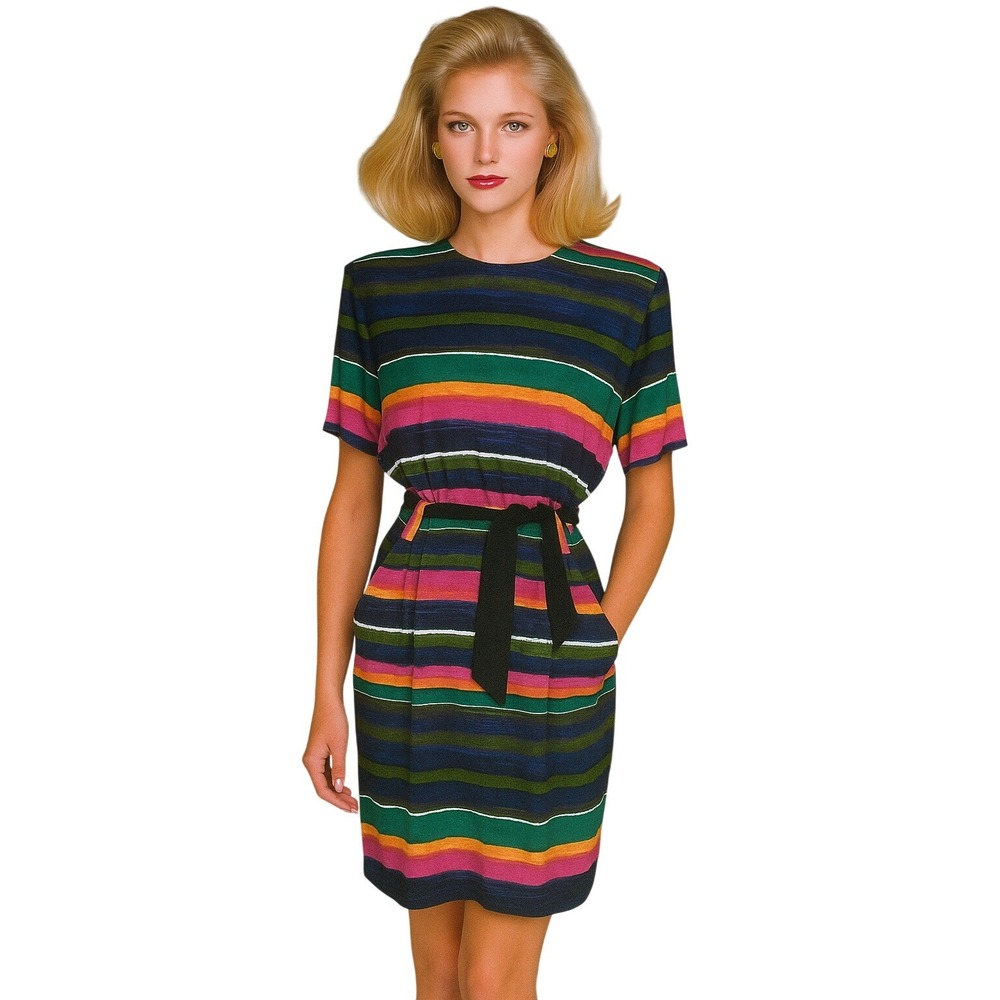 Vintage 80s Striped Short Sleeve‎ Belted Sheath Dress Women's Size 10